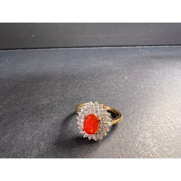 NEW Mexican Cherry fire opal moissanite halo ring in vermeil YG over 925 size 5 - Picture 15 of 16